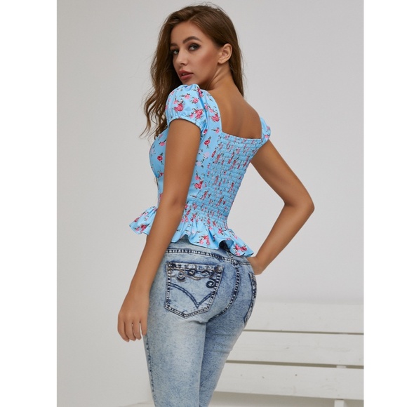 Blue Floral Peplum Hem Sweetheart Babydoll Top - Picture 3 of 8